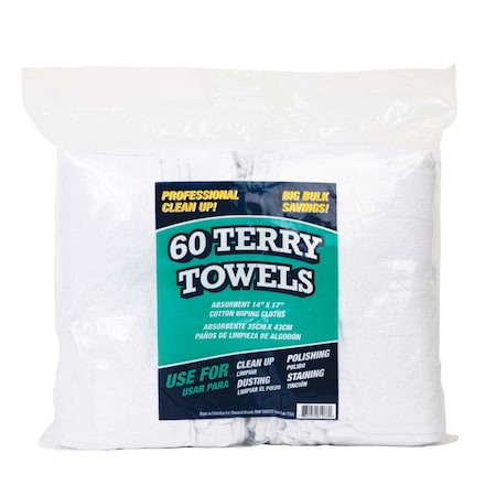 Monarch Terry Towel Pack of 60 White Cotton Cleaning Cloths 14x17 N030-TT60